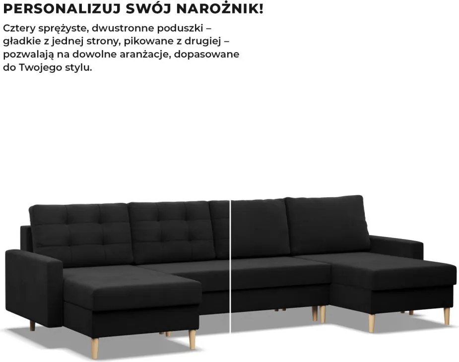 Etna U alakú sarokkanapé, 3 ágyneműtartóval, szövet anyag, univerzális oldal, hab töltet, fekete