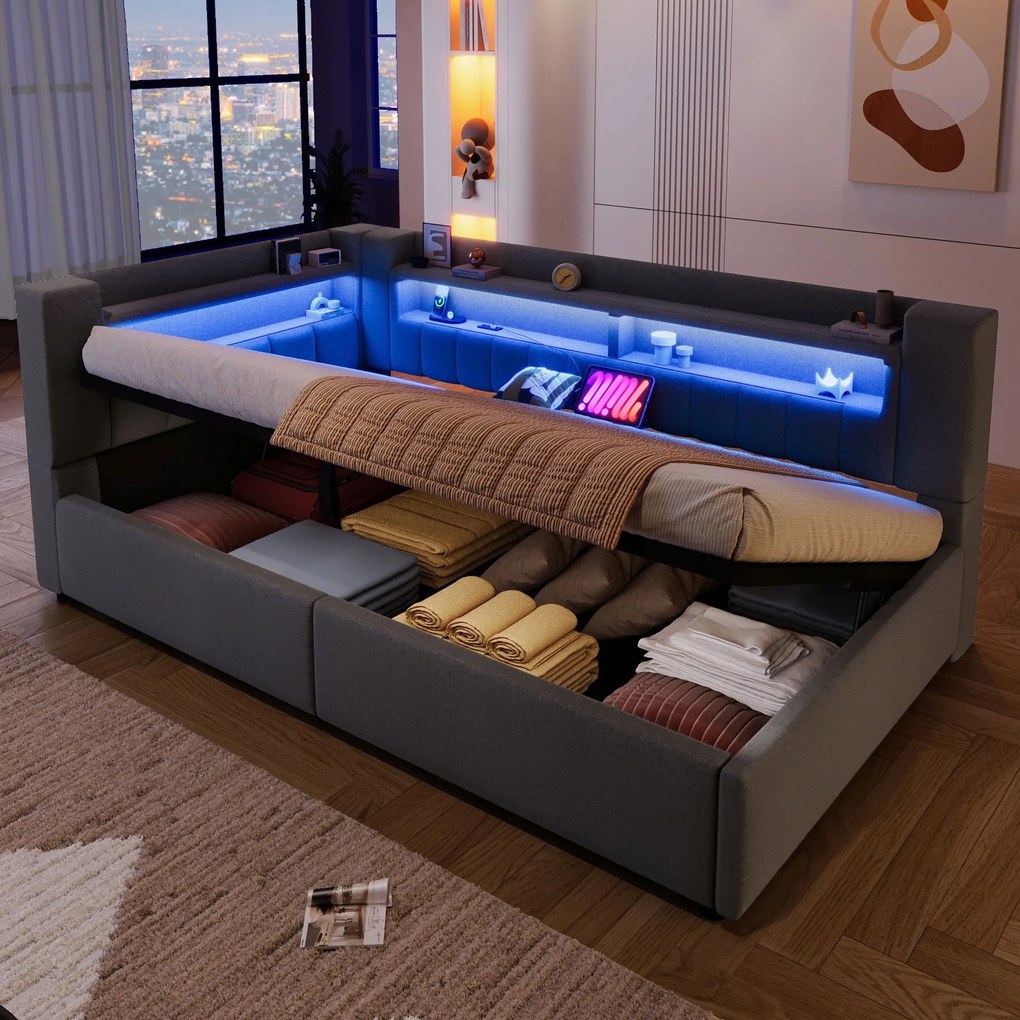 Összecsukható kanapé Gyerekágy Hidraulikus Led Usb C 90X200CM szürke