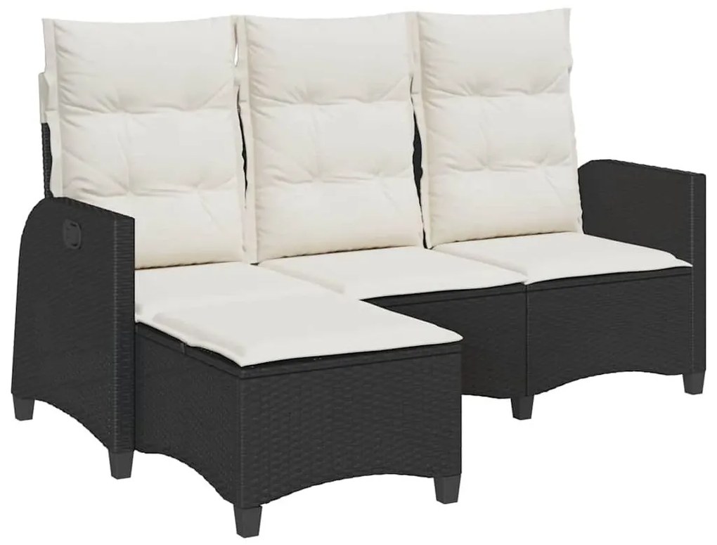 L-alakú fekete polyrattan fekvő kerti kanapé párnákkal