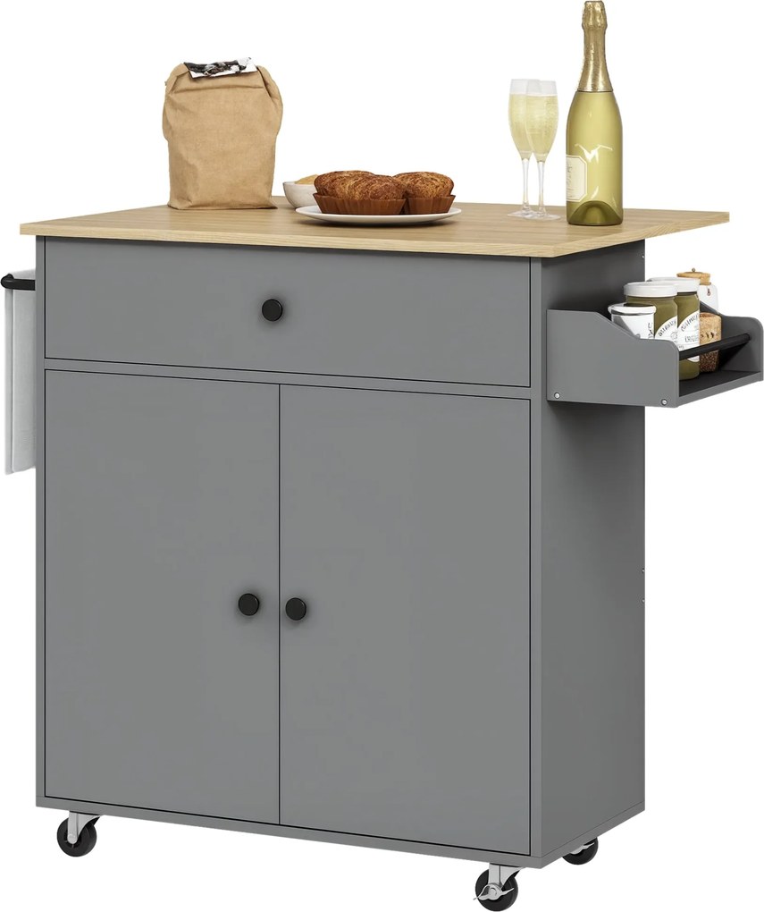 HOMCOM Konyhai Sziget Összecsukható Levéllel - Konyhai Kocsi Kerekekkel, 2 Ajtó, Fiók, Fűszerpolc, Konyharuha Akasztó és Állítható Polc, 106x42x87 cm