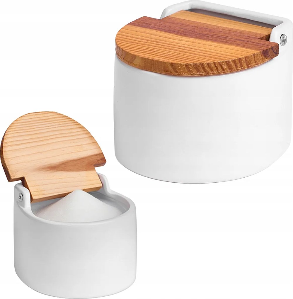 Só-cukor tároló fehér ovális, fa fedéllel a konyhába és az étkezőbe