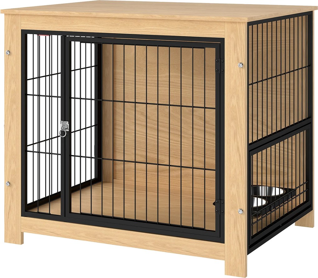 PawHut Modern Kutyaketrec Oldaltábla Háziállat Ház 2 Ajtóval Forgatható Állvánnyal és 2 Tálkával Közepes Kutyák számára 80x60x68 cm Tölgy | Aosom