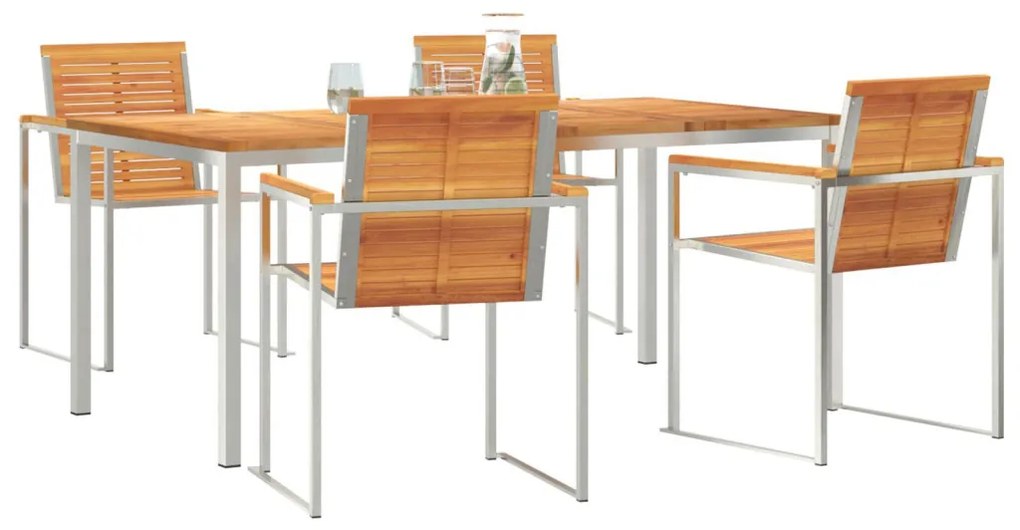 5 darabos Kerti Étkezőszett Tömör Akácfából, Kültéri Étkezőasztal 180x90x75 cm Tömör Akácfából