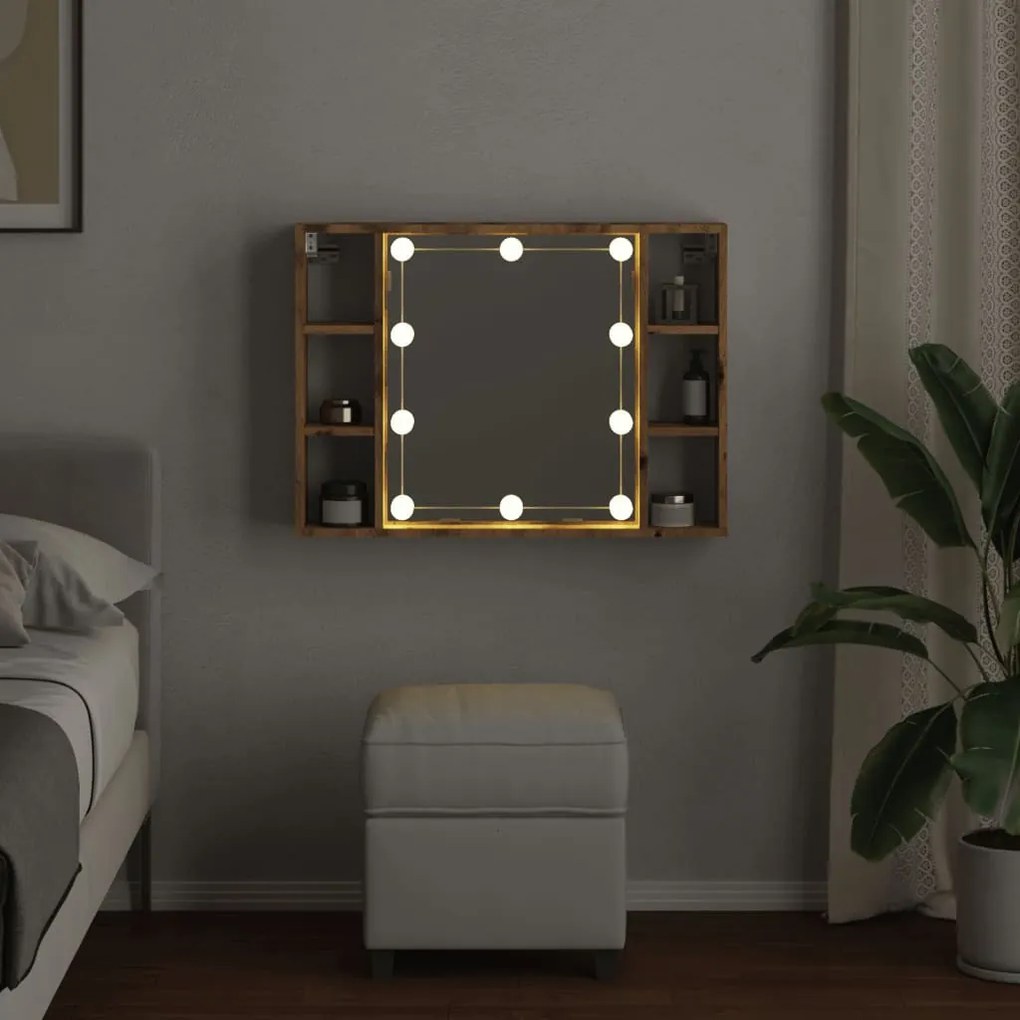 kézműves tölgy szerelt fa tükrös szekrény LED-ekkel 76x15x55 cm