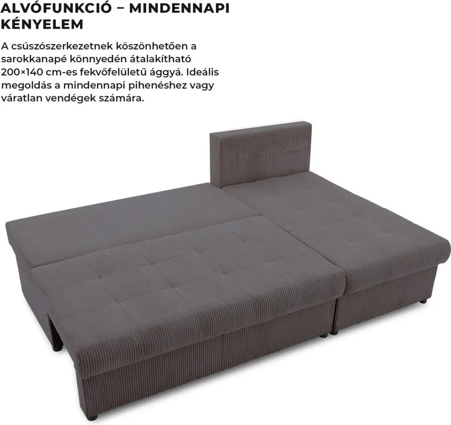 Venezia sarokkanapé, kordbársony, univerzális oldal, bonell töltet, szürke