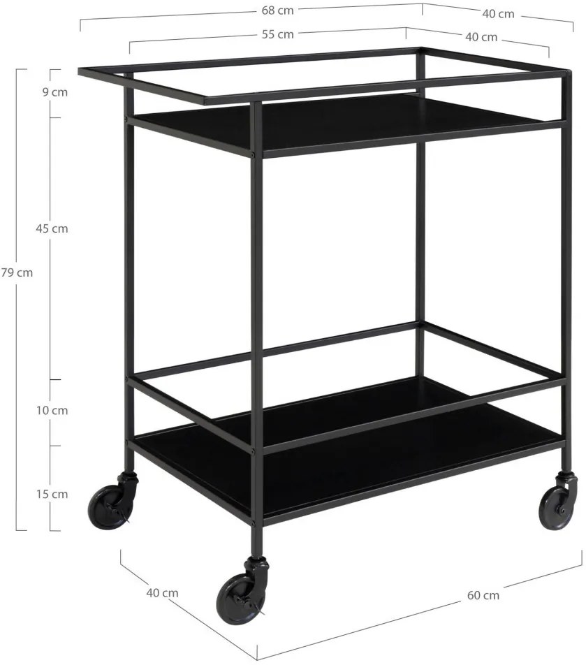 Vita zsúrkocsi, 2 polc, fekete, fekete váz 68x40x79 cm