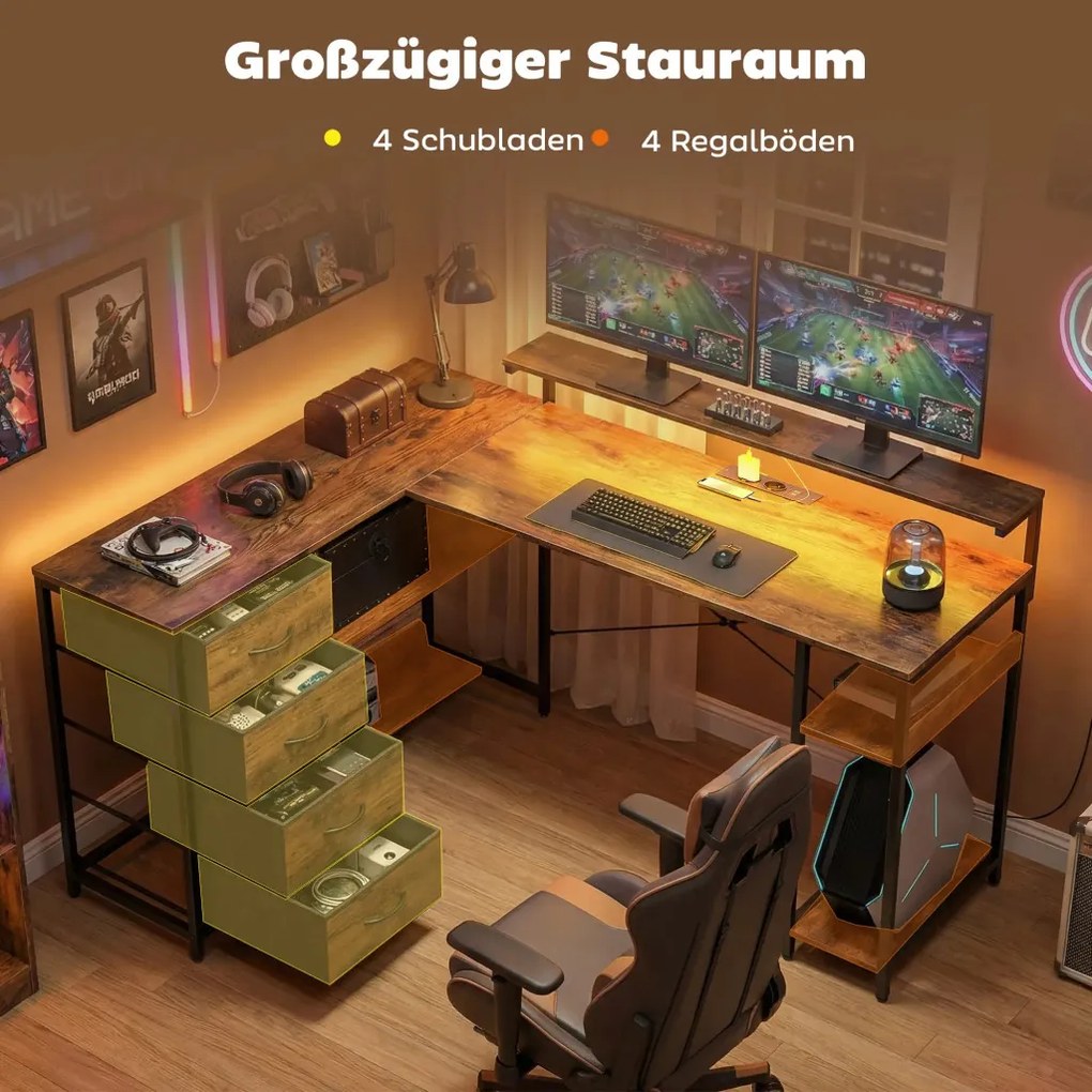 HOMCOM Gamer asztal, LED világítással-konnektorral, 4 fiókkal, monitorállvánnyal, barna