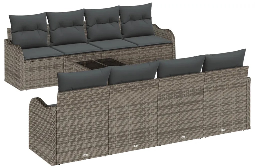 9 darabos kertibútor szett párnákkal szürke poli rattan, 2 fős kertibútor párnákkal szürke poli rattan