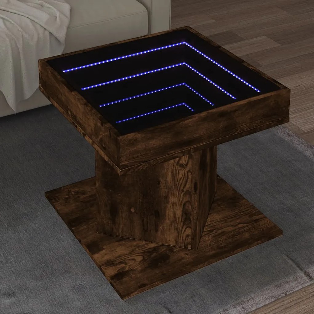 Füstös tölgy szerelt fa dohányzóasztal LED-del 50 x 50 x 45 cm
