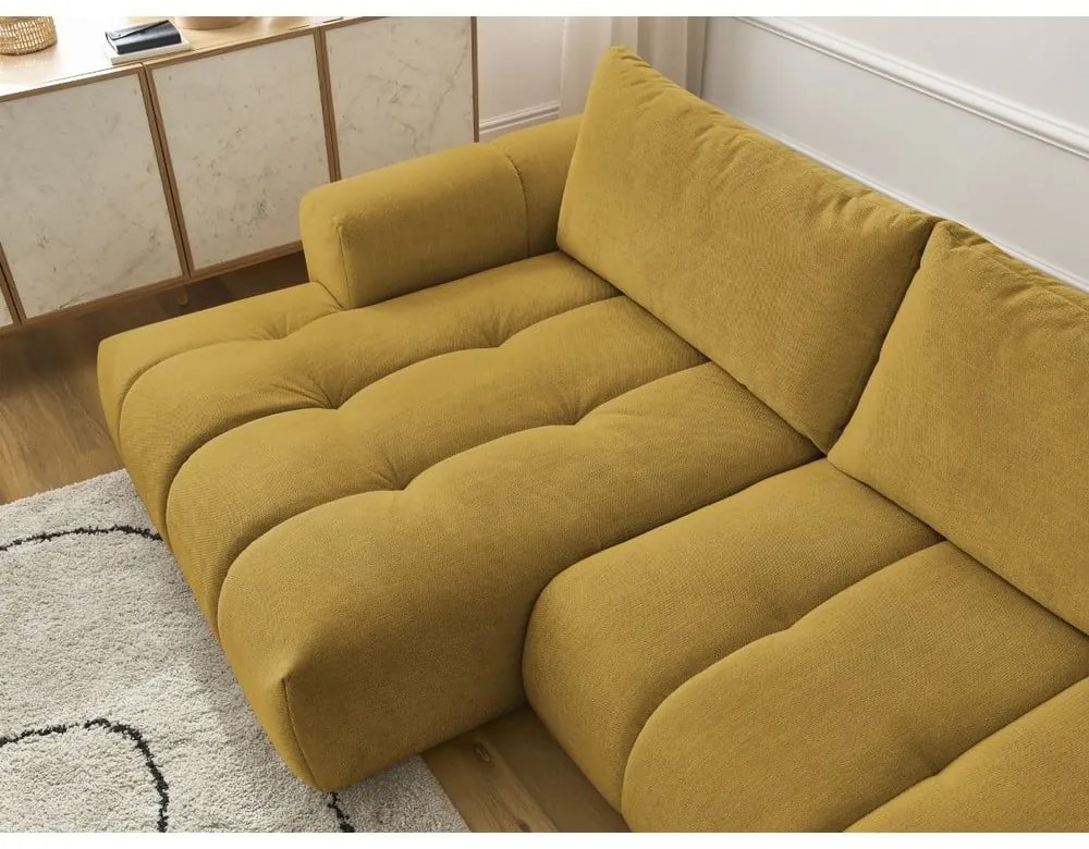 Mustársárga kinyitható-tárolóhelyes sarokkanapé (bal oldali-heverő résszel) Fuji – Bobochic Paris