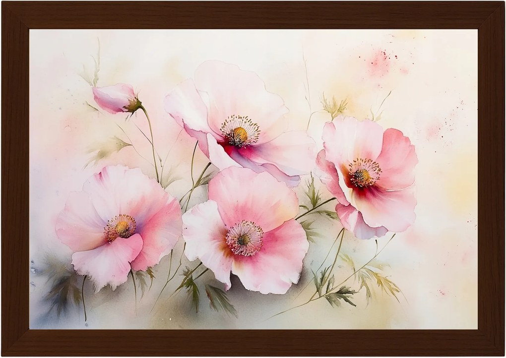 Poszter Keret Fa Akvarell Természet Rózsaszín Mezei Virágok Pipacsok 60x40
