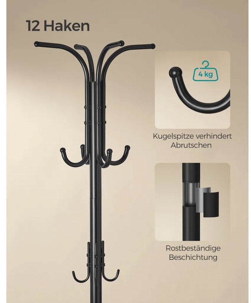 Álló fém ruhafogas, esernyőtartóval, 12 akasztóval, fekete 175 cm magas