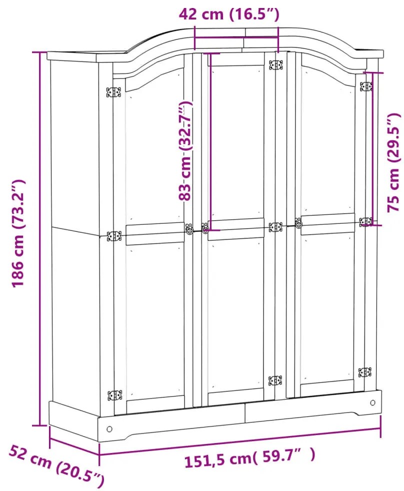 Corona tömör fenyőfa ruhásszekrény 151,5 x 52 x 186 cm
