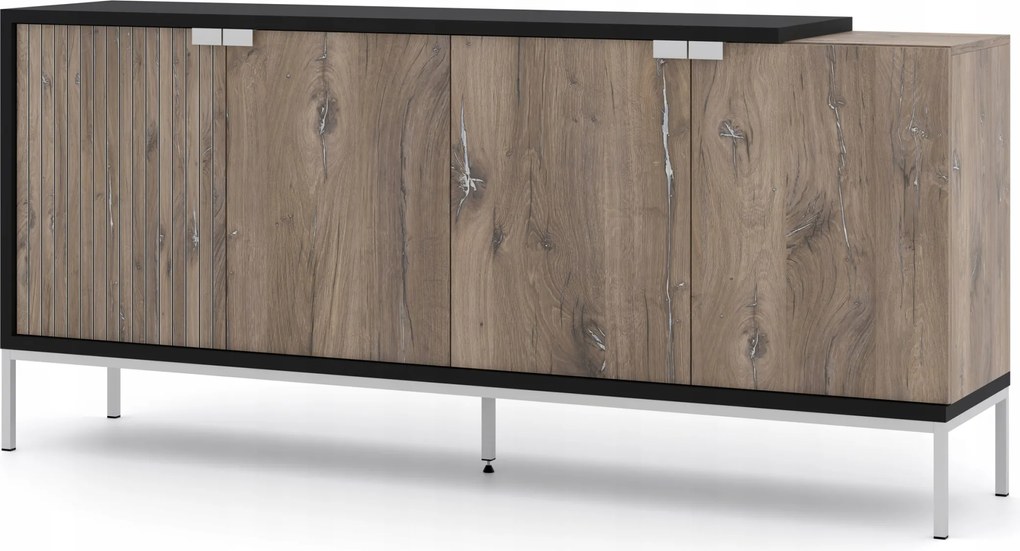 Komód Toledo 190 cm 4D fekete matt tölgy flagstaff fém lábak ezüst