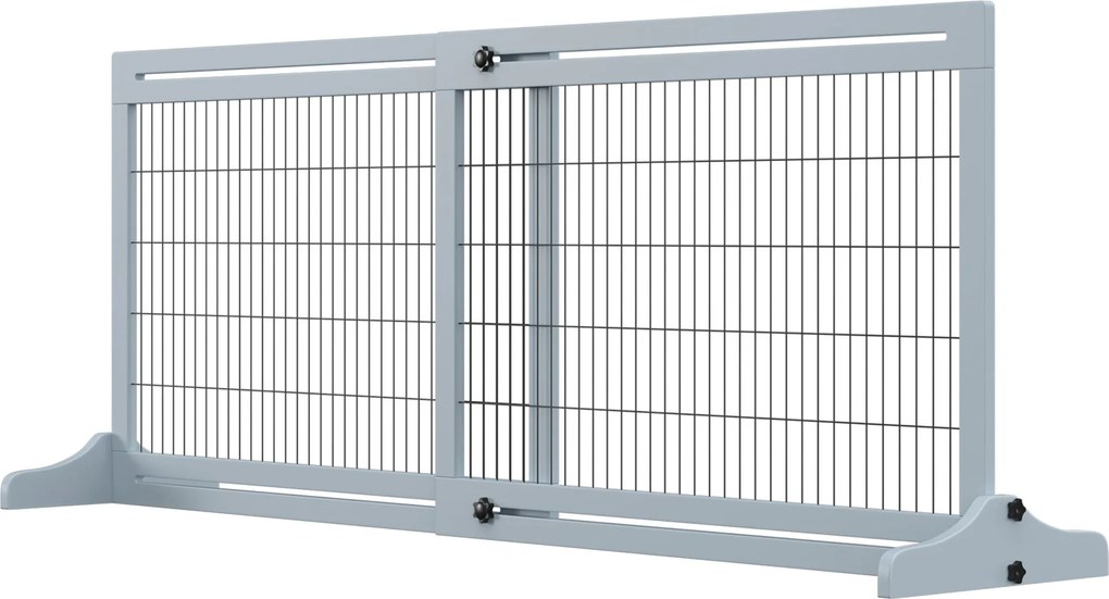 PawHut Fa Kutyabarrier, Kihúzható Ajtó Biztonsági Rács Lábbeli Támasszal, Önálló Kutyarád, Lépcső Rács, Kutyabarrier Kandallóhoz, Sütőhöz, Szürke-kék,