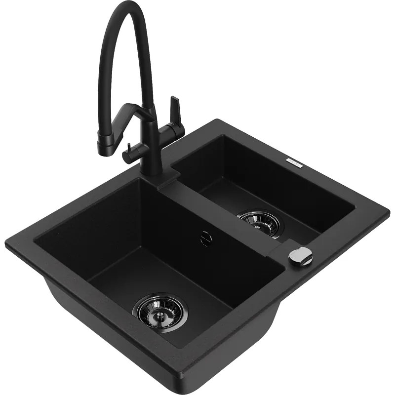 Mexen Carlos gránit mosogató 1,5-medencés Duo konyhai csapteleppel, fekete - 6518-77-671701-70-B