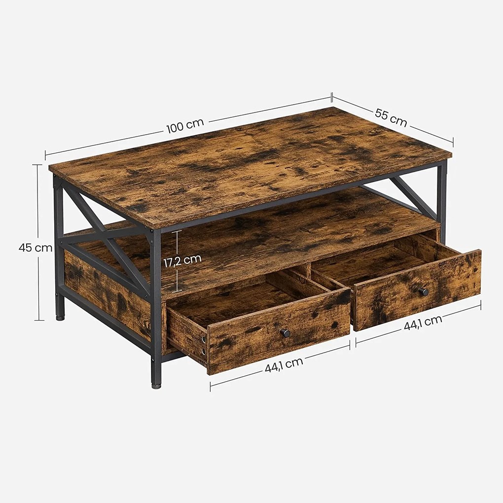 Dohányzóasztal, nappali asztal 100×55×45 cm, rusztikus barna és fekete színben
