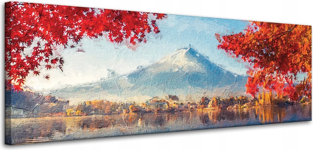 Vászonkép Színes levelek Város Hegy Víz 120x40 cm