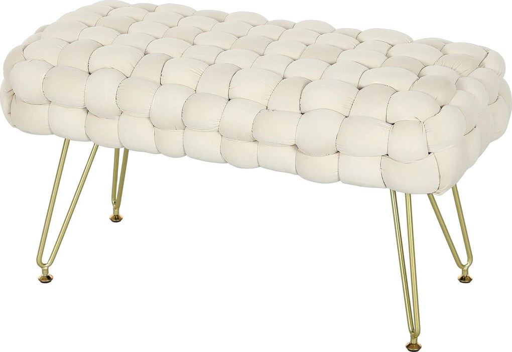 HOMCOM Kárpitozott Velúr Ágyvégi Pad Aranylábakkal és Párnázott Üléssel Előtérbe - Krém | Aosom