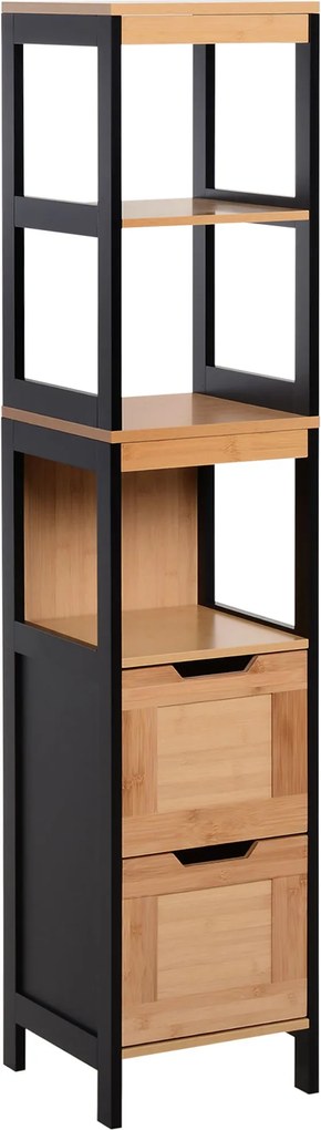 Kleankin Fürdőszobai Segélykábinet 3 Polccal és 2 Fiókkal Modern Stílus 30x30x144,3 cm Fekete és Természetes | Aosom