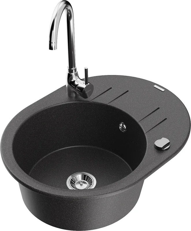 Mexen Kevin egymedencés gránit mosogató csepptálcával és Telma konyhai csapteleppel, fekete pöttyös - 6517-76-670200-00