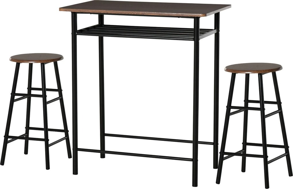 HOMCOM Bárasztal Szett 2 Bárszékkel Étkezőcsoport Konyhai Asztal Tárolópolccal Étkezőasztal Étkezőbe, Konyhába, Fekete | Aosom