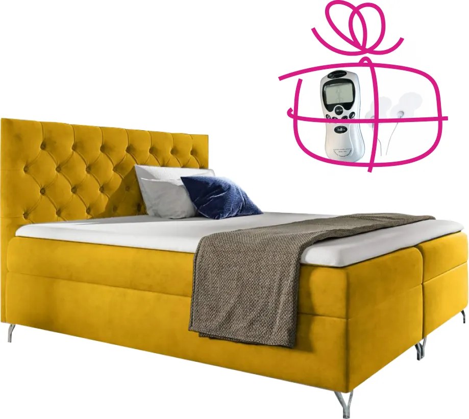 Boxspring ágy, 160x200, sárga Velvet szövet, GULIETTE + ajándék