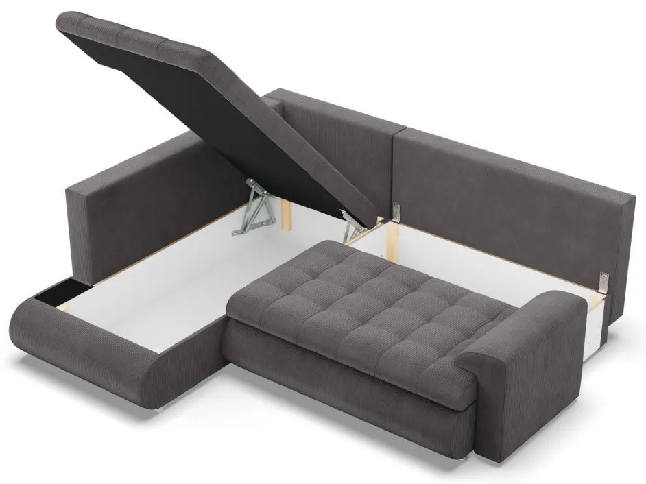 Tokio sarokkanapé, L alakú háttámlával, 2 ágyneműtartóval, kordbársony, baloldali, szürke