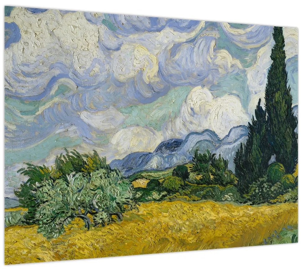 Üveg kép - Vincent van Gogh, Wheat Field with Cypresses, reprodukciók (70x50 cm)