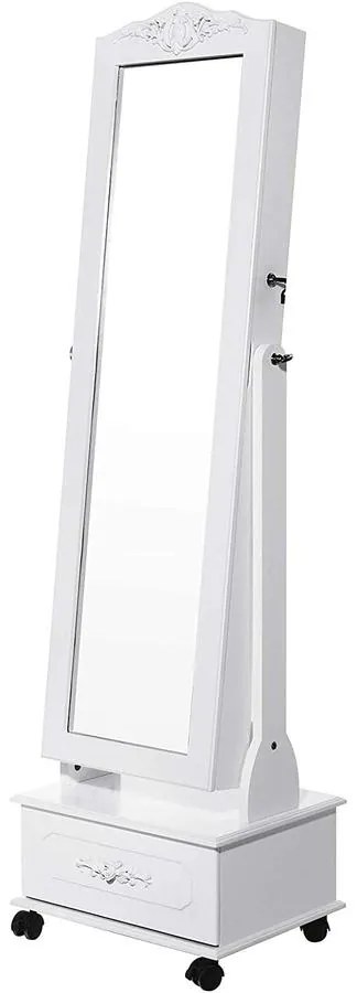 Tükrös ékszerszekrény kerekekkel és LED világítással, zárható, fehér