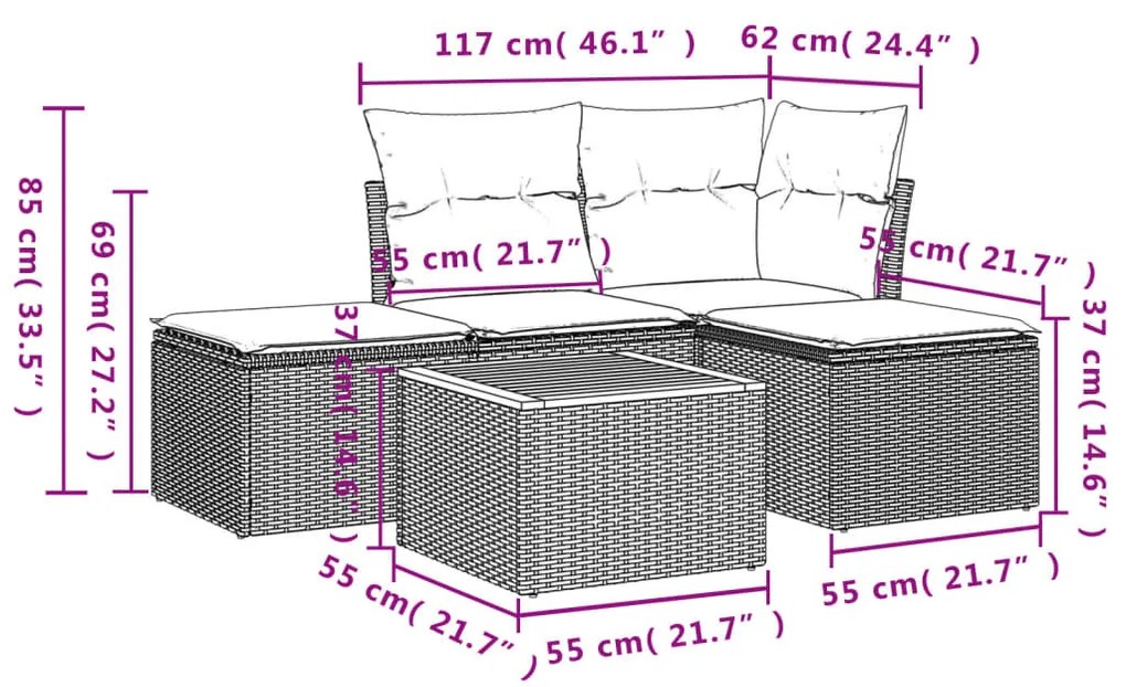 5 részes szürke polyrattan kerti ülőgarnitúra párnákkal