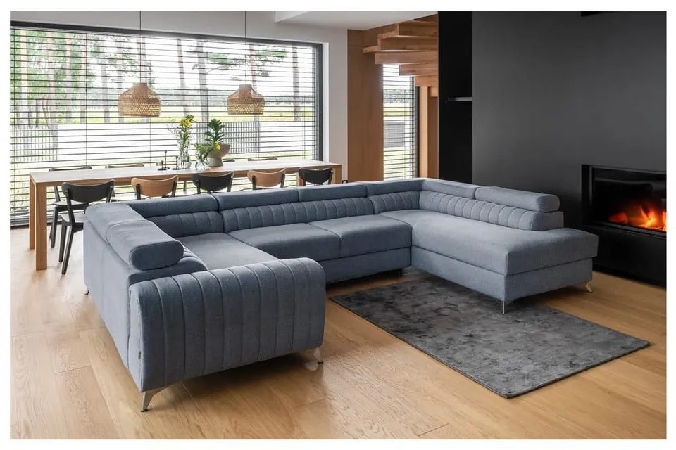 Kék kinyitható-tárolóhelyes sarokkanapé (jobb oldali-U alakú) Louis – ELTAP