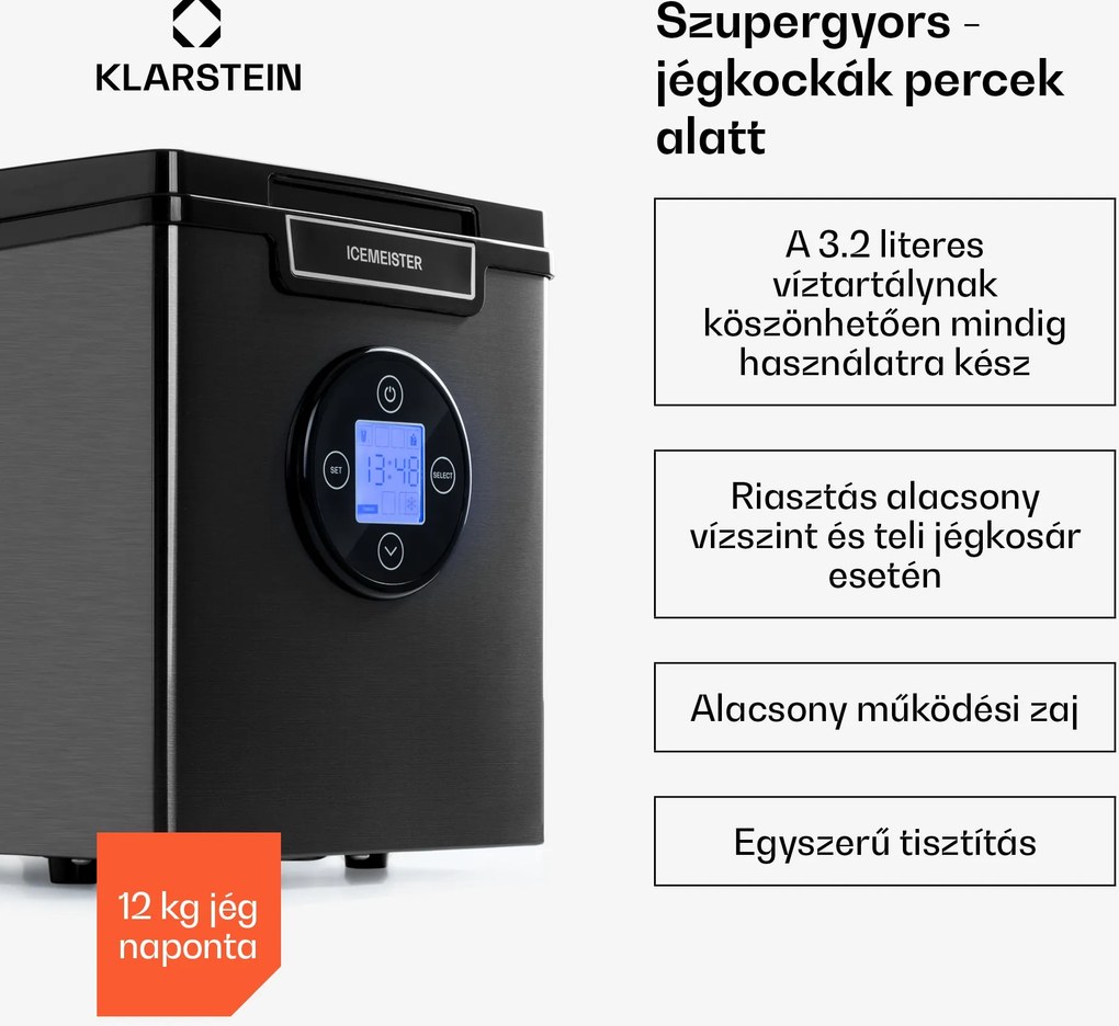 Klarstein Icemeister 2G, jégkocka készítő, 12 kg/24 h, LCD kijelző, rozsdamentes acél