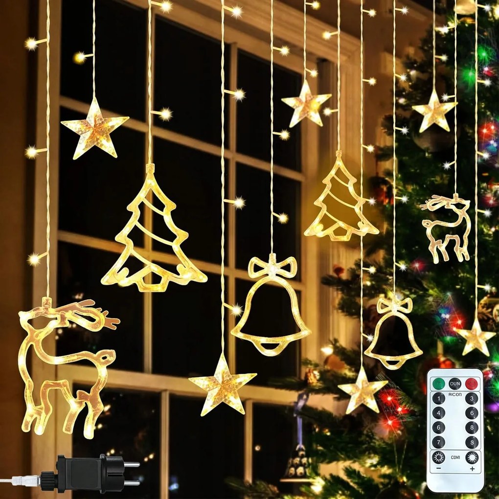 LED-es karácsonyi fényfüggöny Meleg fehér Rénszarvas lámpák Karácsonyfa csengő