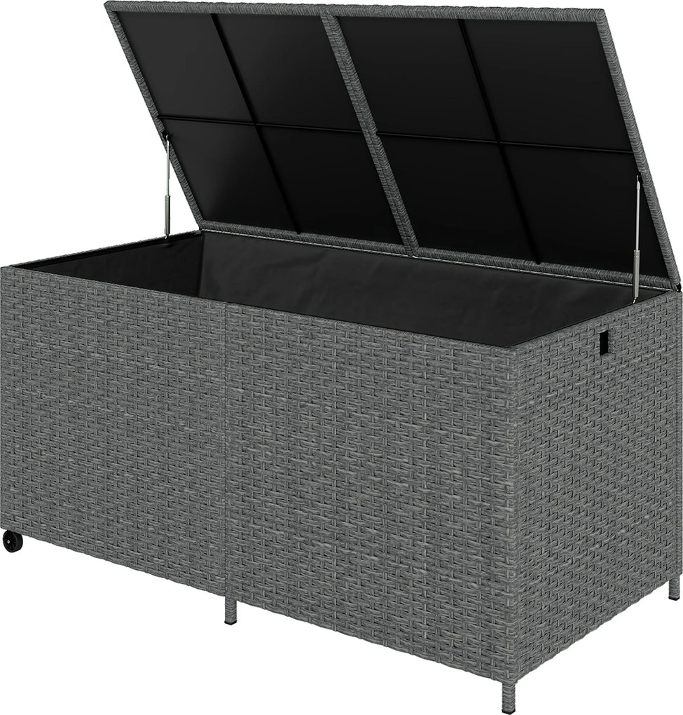 Outsunny 650 L vízálló rattan párnatároló doboz tetővel, kerekekkel – UV-álló kerti láda | 150 x 75 x 74 cm – Sötétszürke | Aosom