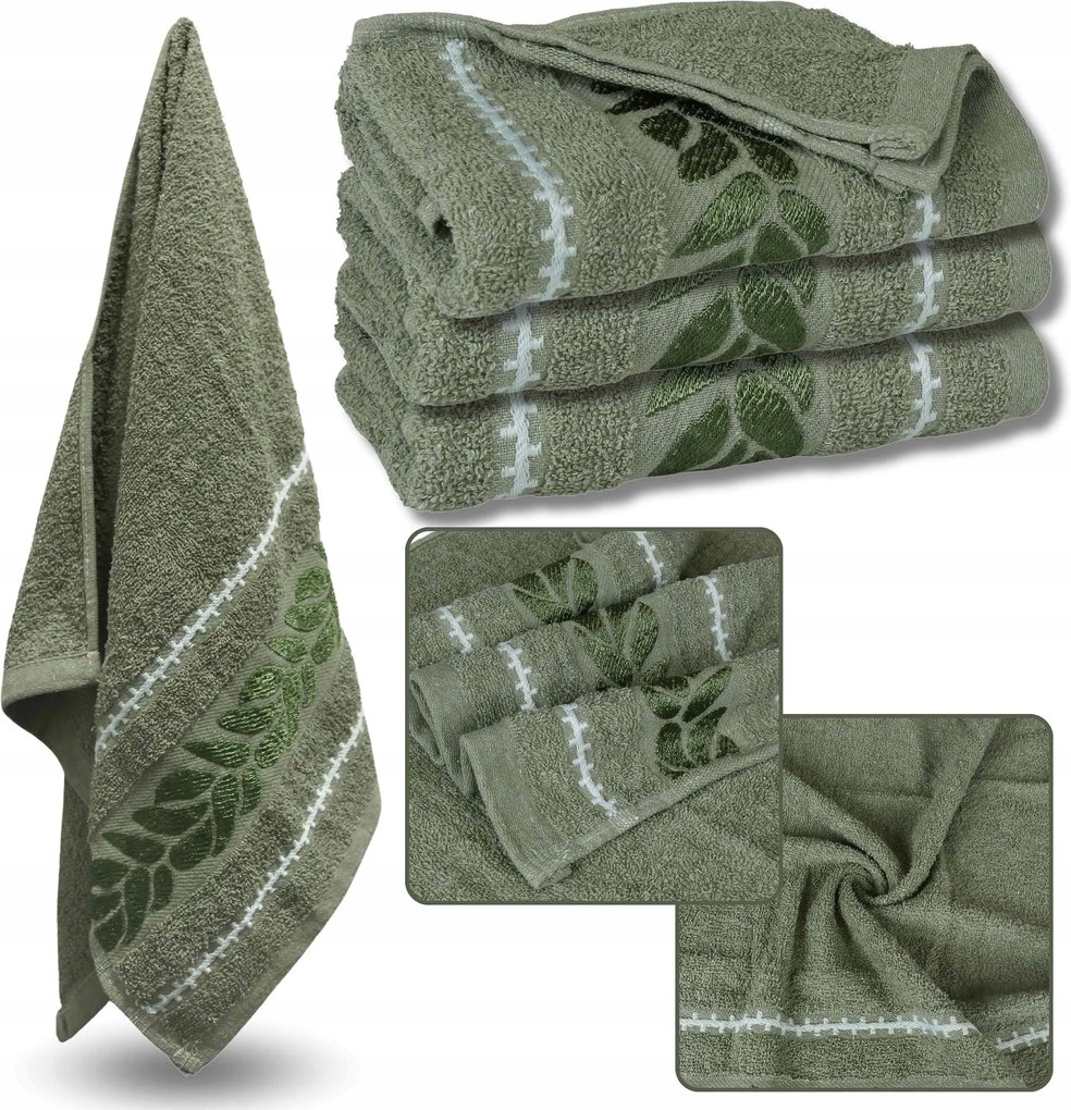 Zöld pamut törölköző dekoratív hímzéssel, levelekkel 48x100 cm x3