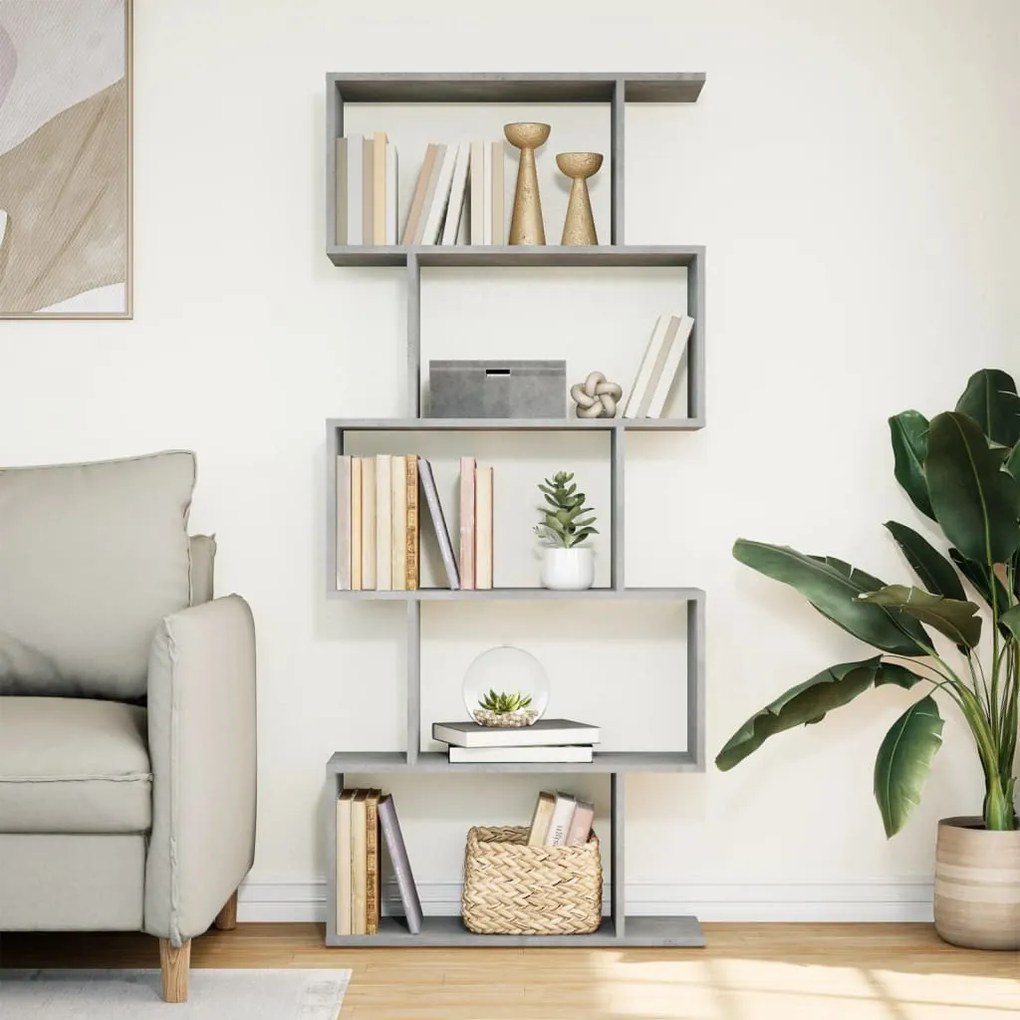 5 szintes betonszürke fa térelválasztó könyvespolc 70x24x161 cm
