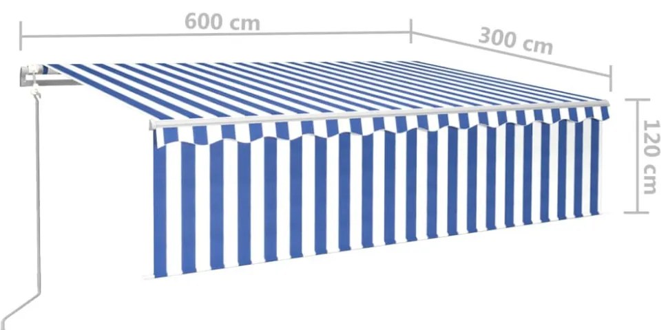 kék és fehér redőnyös, szélérzékelős, LED-es napellenző 6x3 m