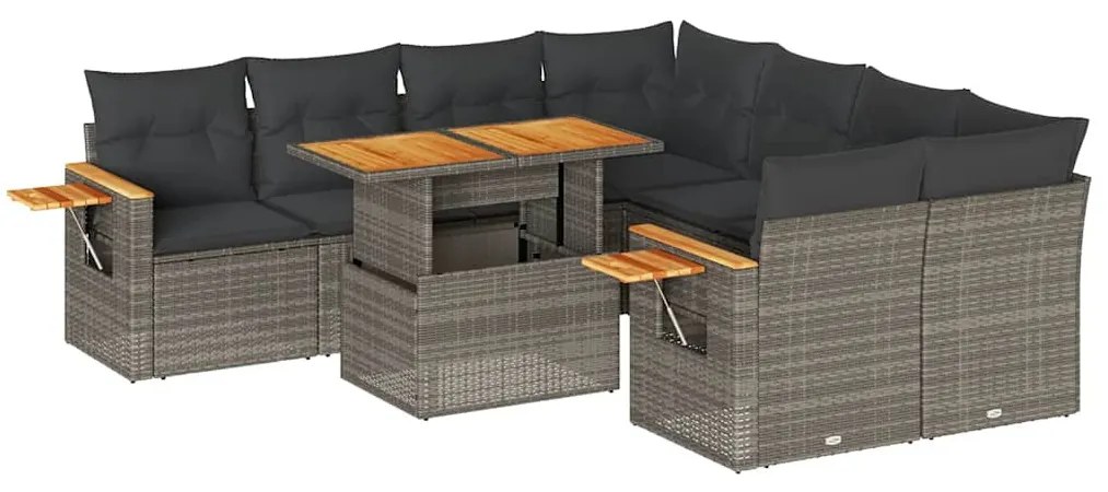 9 részes szürke polyrattan akácfa kerti ülőgarnitúra párnákkal