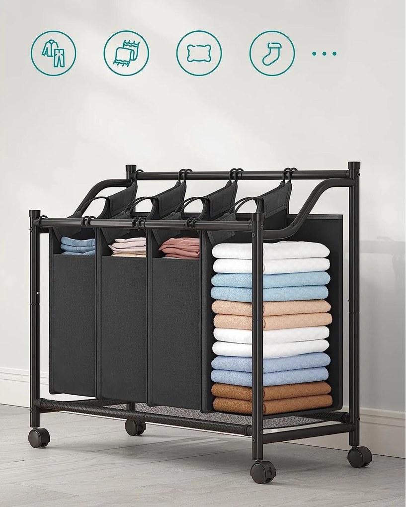 Szennyeskosár görgőkkel 4 x 35l, 4 kivehető táskával, fekete