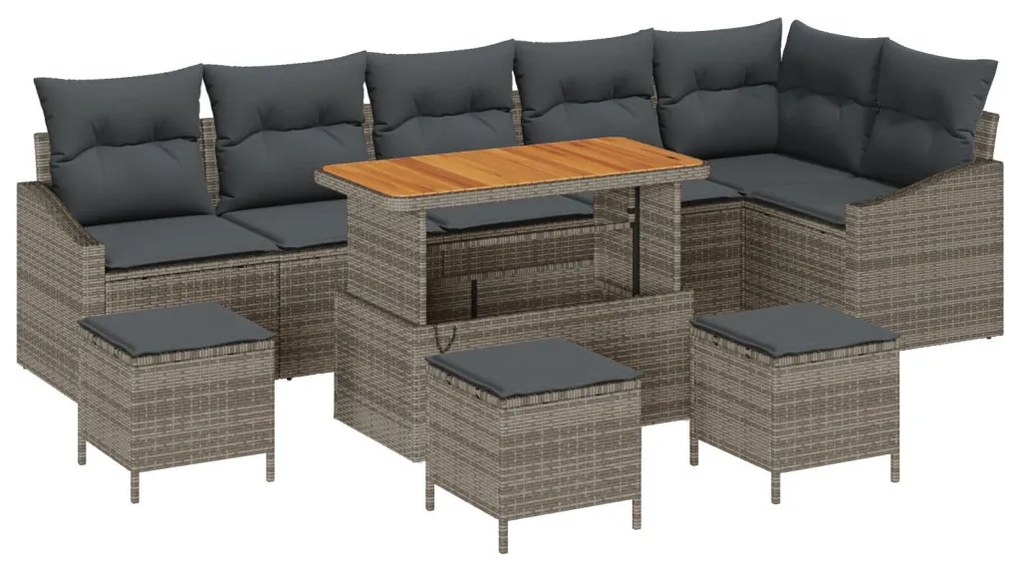 9 darabos kertiszófa szett párnákkal szürke poli rattan akáccal, 2 fős kertiszófa párnákkal szürke poli rattan, 3 darabos kertészeti étkező szett párnákkal szürke poli rattan akáccal