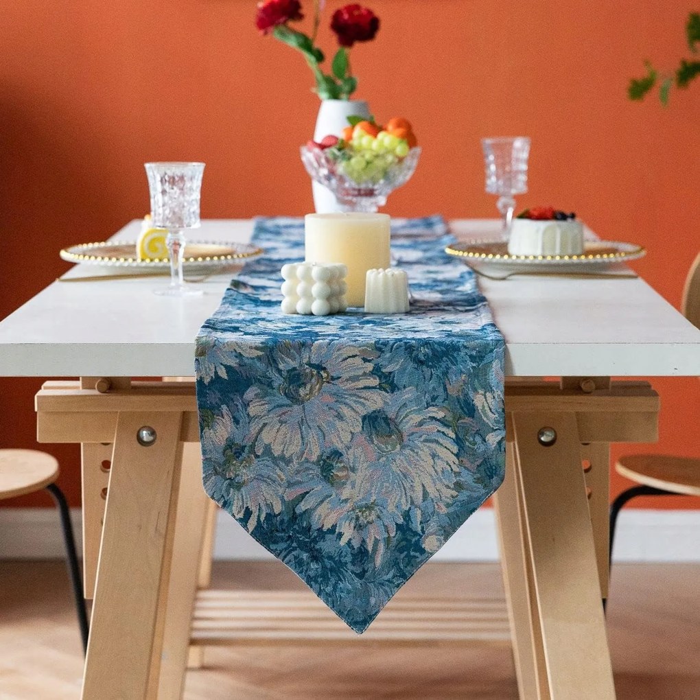 Asztalterítő, virágmintás, kék 180 x 30 cm