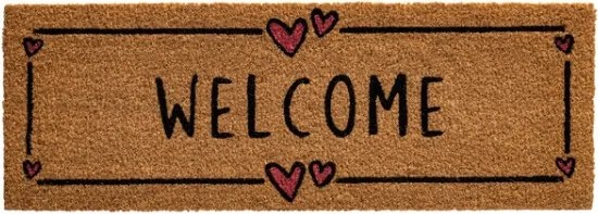 Bejárati szőnyeg 26 x 75 cm kókusz Welcome szívecskék lábtörlő