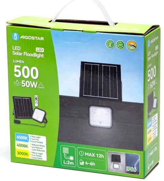 Aigostar - Fényerőszabályozható napelemes LED reflektor LED/50W/3,4V IP66 + távirányító