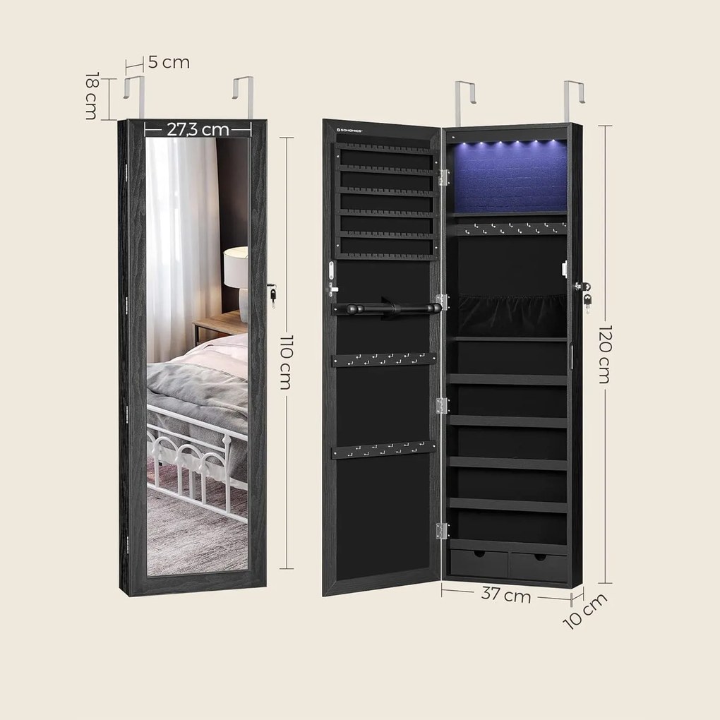 Fali ékszerszekrény, tükrös szekrény 6 led izzóval, fekete