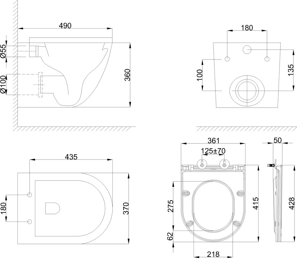 Erga Lily+, fali WC-csésze 490x370x365mm, Tornado 2 perem nélküli + lágyan záródó WC-ülőke, fehér, ERG-V03-LILY-TO2-WH