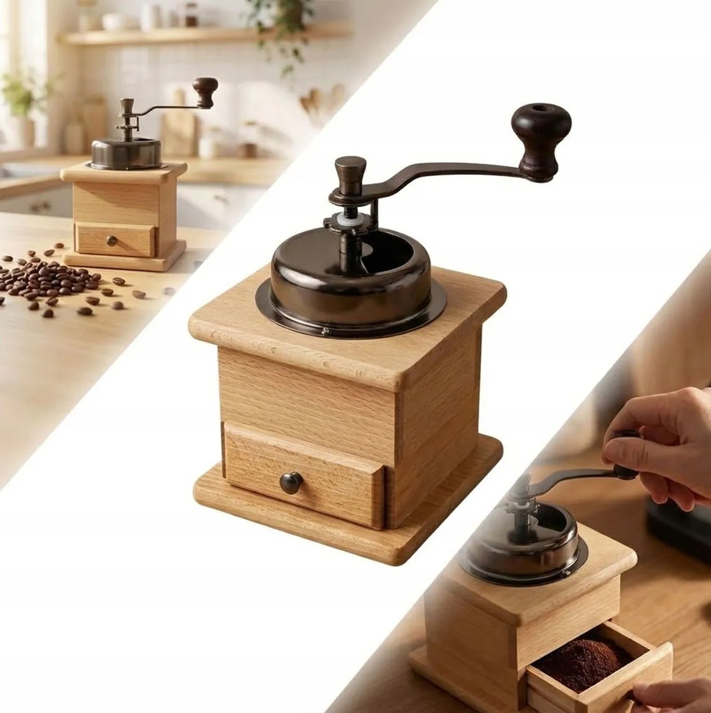 Kézi Daráló Klasszikus Bükk Retro Kávé Borshoz, Állítható Fiókkal
