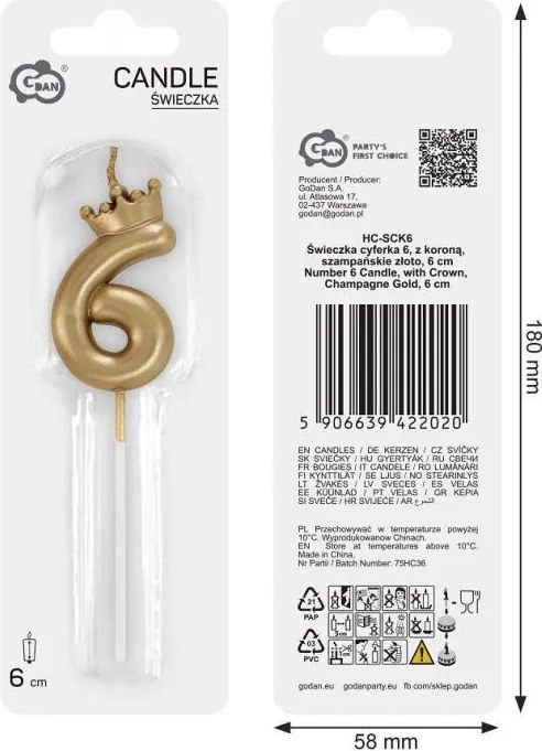 Arany Champagne Crown 6-os számgyertya, tortagyertya 6 cm