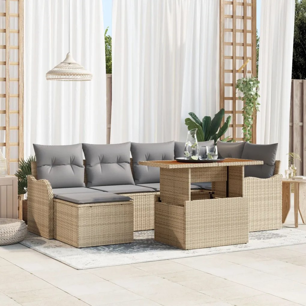 7 Részes Kert Kanapé Szett Párnákkal Bézs Poly Rattan Akáccal, 2-Személyes Kert Kanapé Párnákkal Bézs Poly Rattan