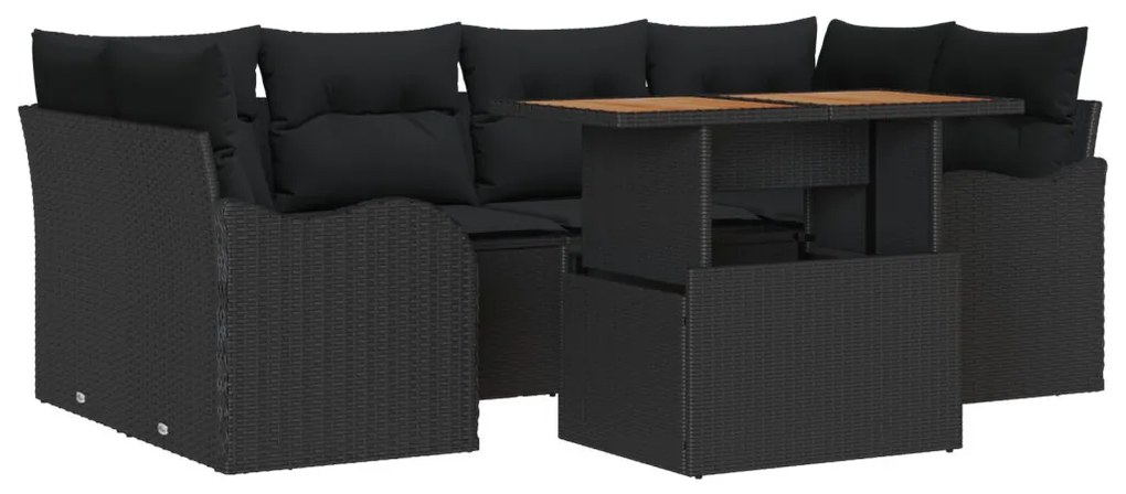 7 részes kert kanapészett párnákkal fekete poli rattan, 2 személyes kert kanapé tárolóval és párnákkal fekete poli rattan
